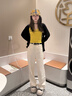 美麗衣櫥純棉高街牛仔褲女2025春秋直筒百搭寬松休閑闊腿米白色褲子女 曬單實(shí)拍圖