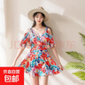 2025新款泳衣女分體裙式高級顯瘦遮肉印花保守溫泉度假仙女范泳裝 紅色（獨立泳褲） XL 【建議105-120斤】 曬單實拍圖