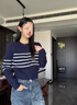 皓娥條紋針織開(kāi)衫外套女法式復古學(xué)院風(fēng)設計感洋氣毛衣外搭撞色上衣 藏青色均碼 曬單實(shí)拍圖
