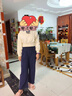 英氏（YEEHOO）兒童套裝女童上下裝秋季時(shí)尚淑女學(xué)院風(fēng)衣服秋裝新款洋氣中大童裝 法式學(xué)院花邊 米白+深藍 165 曬單實(shí)拍圖