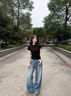 茯見(jiàn)小個(gè)子正肩短袖T恤女純色短款露臍棉2025夏季新款復古百搭上衣女 黑色 M 曬單實(shí)拍圖