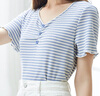 betu百圖女裝氣質(zhì)V領(lǐng)多色條紋T恤針織短袖T2104T17 藍白條 S 曬單實(shí)拍圖
