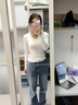 拉夏貝爾V領打底衫女內搭長袖t恤設計感修身顯瘦低領上衣 白色 S 曬單實拍圖