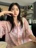 世希大碼300斤胖妹妹法式粉色雪紡碎花泡泡袖襯衫女夏裝甜美減齡上衣2 粉色 2XL 150-200斤 曬單實(shí)拍圖