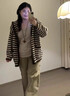 蘇雨薇慵懶風(fēng)咖色條紋連帽針織開衫女秋冬季中長款軟糯毛衣外套寬松上衣 咖色 【關(guān)注店鋪-送運(yùn)費(fèi)險】 S （80-95斤） 曬單實(shí)拍圖