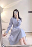 羅蒙（ROMON）女裝襯衫連衣裙女2025春秋新款褶皺翻領(lǐng)工裝職業(yè)裝OL純色中裙子女 霧藍 S 曬單實(shí)拍圖
