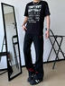 條紋撞色拼接微喇牛仔褲男秋冬加絨加厚小眾設計感美式工裝直筒褲 黑色 常規 L 曬單實(shí)拍圖