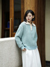 對白綿羊毛混紡撞色POLO領(lǐng)套頭毛衣女2025冬季新款通勤休閑針織衫 云水藍 S 曬單實(shí)拍圖