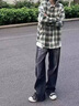 POUM黑色閃電紋工裝牛仔褲男秋季美式高街扎染褲子直筒寬松彎刀微喇褲 HWFS-T62黑色 XL 曬單實(shí)拍圖