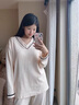 莫代爾自帶胸墊一體純棉睡衣女春秋季新款時(shí)尚外穿大碼家居服套裝可外穿 【自帶胸墊】V領(lǐng)白黑條版 XL 曬單實(shí)拍圖