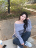 心楠灰色露肩韓系套頭毛衣女秋慵懶風(fēng)寬松休閑顯瘦氣質(zhì)小個(gè)子長(cháng)袖上衣 灰色均碼【建議80-120斤】 均碼 曬單實(shí)拍圖