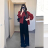 艾美琦美（AIMEIQIMEI）2025秋冬季新款大碼女裝套裝遮肉顯瘦小香風(fēng)韓劇穿搭連衣裙三件套 紅色呢子外套+黑色打底衫+黑色半身裙 2XL [建議140-160斤] 曬單實(shí)拍圖
