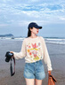 SAME FLOW【劉宇寧同款】 小丑花園水彩印花女裝上衣秋季寬松針織長袖T恤女 白色 S 曬單實(shí)拍圖
