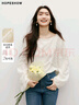 紅袖甜美氣質(zhì)雪紡小衫2025春季新款女裝羽毛剪花流蘇一字領(lǐng)小眾短上衣 灰粉111 L 曬單實(shí)拍圖