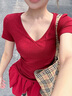 九寸陽(yáng)光純色V領(lǐng)正肩短袖t恤女2025新款簡(jiǎn)約寬松百搭顯瘦上衣打底 紅色V領(lǐng)短袖 L 曬單實(shí)拍圖