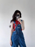 Khwfjas一線品牌背帶牛仔褲女直筒寬松韓版學生顯瘦減齡高腰闊腿長褲 深藍色 （禮盒包裝） M (體重:99-109斤) 曬單實拍圖