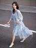 德瑪納【唯美水墨風(fēng)印花仙女裙】夏度假風(fēng)V領(lǐng)綁帶燈籠袖雪紡連衣裙女 曬單實(shí)拍圖