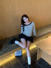 衣品元長(cháng)袖t恤女2025秋季新款甜辣條紋綁帶斜肩寬松設計感小眾韓系上衣 杏色 M （90-100斤） 曬單實(shí)拍圖