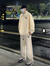 YKINCASL美式潮牌衛(wèi)衣套裝男秋冬季大碼休閑運(yùn)動(dòng)假兩件上衣褲子情侶兩件套 2232杏色+1901杏色（NE01） XL （推薦體重135-155斤） 曬單實(shí)拍圖
