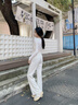 名創(chuàng  )優(yōu)品（MINISO）直筒微喇褲女2025秋季新款垂感闊腿休閑運動(dòng)衛褲子高腰顯瘦馬蹄褲 藏青 L 165 (體重115-130斤) 曬單實(shí)拍圖