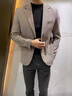 皮爾卡丹（pierre cardin）2025春秋男士西服外套韓版潮流休閑長(cháng)款修身痞帥格子毛呢西裝 卡其色 2XL 建議 150-170斤 曬單實(shí)拍圖