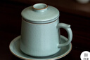 汝道汝窯辦公杯泡茶杯茶水分離杯帶蓋過(guò)濾白玉汝瓷可養會(huì )議杯陶瓷水杯 粉青龍雀杯四件套 曬單實(shí)拍圖