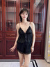 Dudant奢侈國際品牌女款2025新款桑蠶絲時尚夏季開襠誘惑連體衣真絲睡裙 蕾絲款:黑色 M 曬單實拍圖