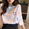 卡維澤 CAVIEZEL白色長(cháng)袖t恤女春秋款寬松純棉百搭正肩上衣圓領(lǐng)衫女學(xué)生長(cháng)袖 長(cháng)袖笑臉 M【80-105斤】 曬單實(shí)拍圖