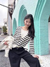 蘇雨薇韓系假兩件條紋v領(lǐng)連帽長(cháng)袖針織衫女春秋設計感獨特漂亮寬松上衣 白條紋【關(guān)注店鋪-送運費險】 S 推薦（80-95斤）【送運費險】 曬單實(shí)拍圖