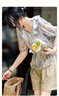 德·瑪納（dme）【花間綺夢(mèng)】夏法奢鉆石雪紡襯衫唯美泡泡袖藏肉舒適襯衫女裝上衣 藍(lán)色 M 曬單實(shí)拍圖