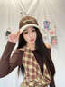 CACUSS棒球帽女秋冬格紋羊羔絨拼接鴨舌帽英倫風(fēng)保暖帽子女顯臉小 棕紅 曬單實(shí)拍圖