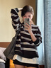 佐敘黑白條紋圓領(lǐng)衛衣女秋冬2025新款寬松顯瘦休閑百搭慵懶風(fēng)外套上衣 黑白條紋 M （80-100斤） 曬單實(shí)拍圖