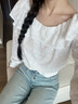 森馬（Semir）長袖襯衫女短款白色繡花浪漫秋2025新款荷葉邊一字肩襯衣溫柔 本白10101 S 曬單實拍圖