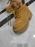 百麗踏真皮內增高女靴馬丁靴女2025秋冬新款戶(hù)外登山大黃靴工裝靴女短靴 黃色內增高 35 曬單實(shí)拍圖