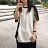 LDBE美式復(fù)古撞色拼接短袖t恤女夏季小眾設(shè)計感休閑潮牌寬松情侶上衣 米杏色 S 【80-100斤】 曬單實拍圖