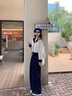 艾珠兒（Aizhuer）休閑褲女裝套裝2025秋冬裝韓系穿搭一整套針織開衫闊腿褲子兩件套 白色上衣+牛仔褲兩件套 M 曬單實拍圖