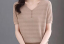 啄木鳥正品女裝冰絲v領(lǐng)短袖針織t恤2025夏季新款鏤空小衫寬松打底上衣服 粉色 L 建議110-120斤以內(nèi) 曬單實(shí)拍圖