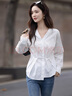 德瑪納【純棉OOTD】秋季V領(lǐng)花邊袖襯衫對折省收腰暗扣襯衣女裝上衣 曬單實(shí)拍圖