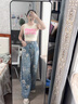 塔馳密司 TOUCH MISS闊腿褲牛仔女夏季新款氣質(zhì)高腰寬松國風(fēng)印花直筒褲 淺藍(lán)色 L （95-105斤） 曬單實(shí)拍圖