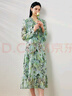 科蒙博卡2025春夏桑蠶絲新款清新印花連衣裙女長(zhǎng)袖高腰真絲裙子 綠花 XL 曬單實(shí)拍圖