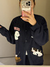 LDBE美式復古小狗毛巾繡棒球服外套女春秋立領(lǐng)韓系慵懶風(fēng)寬松開(kāi)衫衛衣藏青色(春秋薄款)M （適合95斤內） 曬單實(shí)拍圖