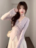 艾珠兒（Aizhuer）法式紫色長(cháng)袖連衣裙子女秋季2025新款小個(gè)子溫柔穿搭氣質(zhì)套裝長(cháng)裙 紫色上衣+白色半裙【套裝】 M 45/55kg 曬單實(shí)拍圖
