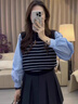 西兒假兩件長(cháng)袖拼接撞色條紋圓領(lǐng)T恤襯衫女秋季新款顯瘦百搭休閑上衣 藍色 均碼 曬單實(shí)拍圖