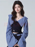 邦帛世美式拼接兩件套女2025秋季新款一字肩長(cháng)袖襯衫+寬松闊腿休閑長(cháng)褲 美式藍+黑拼接兩件套 M 適合（101-115） 曬單實(shí)拍圖