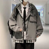 牧唯假兩件鋒沖上衣外套男女春秋冬季潮牌休閑寬松大碼工裝加棉厚夾克 J6818深灰色常規 XL [建議125-140斤] 曬單實(shí)拍圖