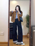 妍莉芬（yanlifen）2025秋季搭配套裝女復(fù)古燈芯絨外套格子襯衫衣服牛仔闊腿褲三件套 藍(lán)色格子襯衫+棕色外套+牛仔闊腿褲 M 曬單實(shí)拍圖