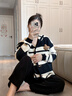 革曼孕婦春秋裝套裝2025時(shí)尚新款長(cháng)袖條紋針織孕婦外套遮肚上衣闊腿褲 黑色條紋開(kāi)衫外套 XL 曬單實(shí)拍圖