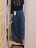 闊色（kuose）藍色刺繡碎花水洗牛仔褲子女2025秋季新款垂感拖地闊腿長(cháng)褲 牛仔藍7008 M /M 曬單實(shí)拍圖