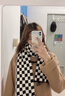 回力圍巾女100%純棉日系棋盤(pán)格冬季ins學(xué)生百搭針織保暖圍脖黑白格子 黑白 曬單實(shí)拍圖