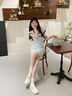 Calvin KleinCK Jeans25早秋新款女士字母復古辣妹正肩大U領針織連衣裙47C259G XE2-青藍 S 曬單實拍圖